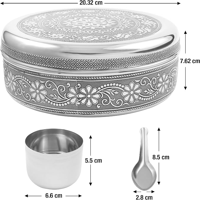 KSJONE Designer Spice Container Masala Dabba, 7 Spice Jars, Holds 7 Spices, Spice Container Box, Polished Stainless Steel with 7 Serving Spoons, Indian Masala Dabba with Lid, 8 Inch