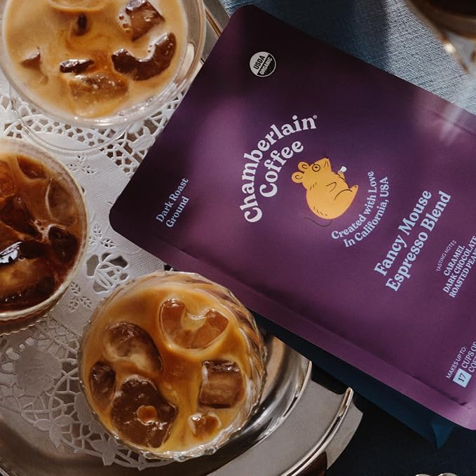 Chamberlain Coffee Espresso Dark Roast Ground Coffee - USDA Organic Specialty Blend - Smooth & Balanced w/Caramel, Dark Chocolate & Roasted Peanuts Notes - Rich Flavor & No Bitterness - 10 Oz