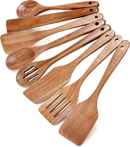 8 Pcs Best Non Toxic Kitchen Utensil Set Teak Wooden Cooking Spoons Nonstick Flat Slotted Turner Spatula Bamboo Wood Serving Utensils for Cooking Egg Spatulas for Kitchen Use Tools Slotted Pasta Spoon
