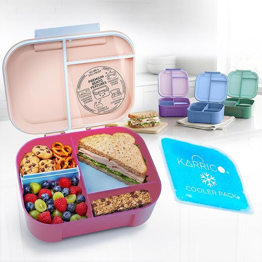 KARRICO Leakproof Lunch Box – 3-Compartment Bento Box, Cooler Pack & Adjustable Divider, Extra Large & BPA-Free – Dishwasher Safe, Ideal for On-the-Go Meals, Pink & Blue