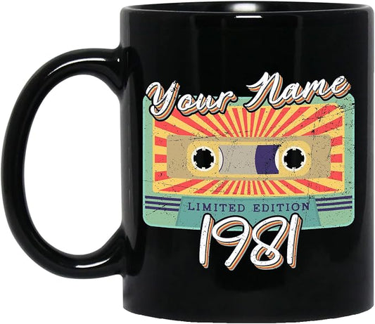Personalized Vintage Cassette Tape Vintage 1981 Mug, Custom Your Name, 1981 Retro Coffee Mug, 41st Birthday Present Gifts, 1981 Birthday Gift For Friends Family, Customizable Black Tea Cups