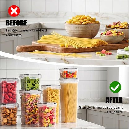 7 PCS Airtight Food Storage Containers with Lids, BPA Free Clear Plastic Kitchen and Pantry Organization and Storage Set for Flour, Sugar, Cereal, Pasta, Includes 7 Labels and Marker