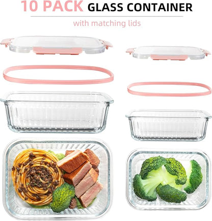 Glass Meal Prep Containers 10 Pack with Striped Pattern - For Food Meal Storage, Microwave Dishwasher Oven Safe, Airtight Lids for Meal Prep Sunday Gym Work - 5×33 Oz + 5×12 Oz