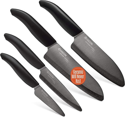 Kyocera’s Revolution 4-Piece Ceramic Knife Set: Chef Knife For Your Cooking Needs, Includes 6"Chef's Santoku, 5.5" Santoku, 4.5" Utility & 3" Paring Knives, Black