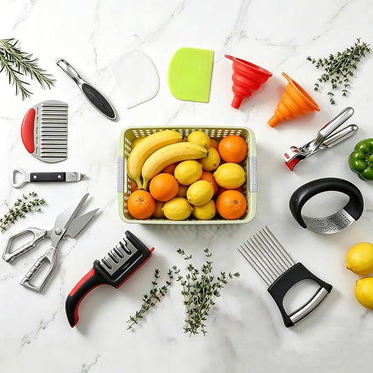 13-Piece Kitchen Gadget Set (Includes Storage Basket) — Featuring Kitchen Shears, Knife Sharpener, Peeler, Dough Scraper, Funnel, and Anti-Scald Tongs — A Complete Set of Cooking and Food Prep Tools