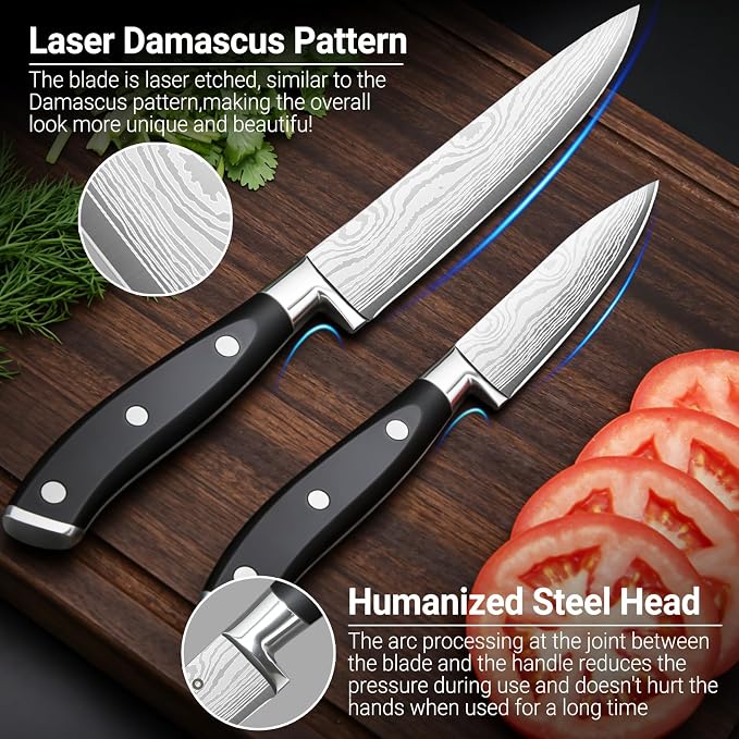Razor Sharp 2PCS Small Kitchen Knife Set, 5 inch Utility Knife and 3.5 inch Paring Knife, High Carbon Steel Damascus Pattern Japanese Chef Knife with Full Tang Handle Design for Home Kitchen