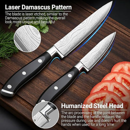 Razor Sharp 2PCS Small Kitchen Knife Set, 5 inch Utility Knife and 3.5 inch Paring Knife, High Carbon Steel Damascus Pattern Japanese Chef Knife with Full Tang Handle Design for Home Kitchen