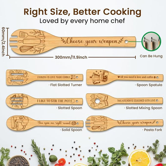 CUTHOLLOW 6PCS Kitchen Tool Wooden Kitchen Cooking Utensil Set, 11.9in Non Toxic Bamboo Wood Spoon Set for Cooking, Best Housewarming Birthday Thanksgiving Christmas Gift for Women Mother