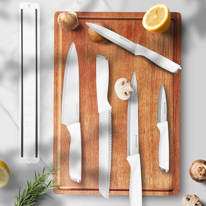6-Piece White Knife Set with Magnetic Strip for Wall, Ultra Sharp Magnetic Knives Set for Kitchen, Dishwasher Safe Small Knife Set for Meat Vegetable Cutting
