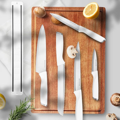 6-Piece White Knife Set with Magnetic Strip for Wall, Ultra Sharp Magnetic Knives Set for Kitchen, Dishwasher Safe Small Knife Set for Meat Vegetable Cutting