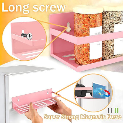 SMRCAD Magnetic Spice Rack for Refrigerator, 4pack Magnetic Shelf for Fridge Space Saving Seasoning Organizer for Any Metal Surface No Drilling Needed (PINK, 4pack)