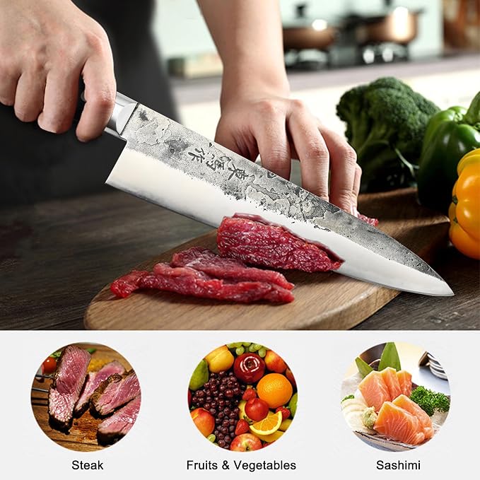 TONMA Japanese Gyuto MADE IN JAPAN 8.2" Authentic Traditional Hand Forged Chef's Knife, Razor-Sharp Durable Japanese Kitchen Knife for Gift Giving, Unique Hammer Marks, One-Piece Forging, Full Tang