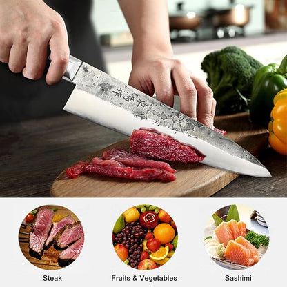 TONMA Japanese Gyuto MADE IN JAPAN 8.2" Authentic Traditional Hand Forged Chef's Knife, Razor-Sharp Durable Japanese Kitchen Knife for Gift Giving, Unique Hammer Marks, One-Piece Forging, Full Tang