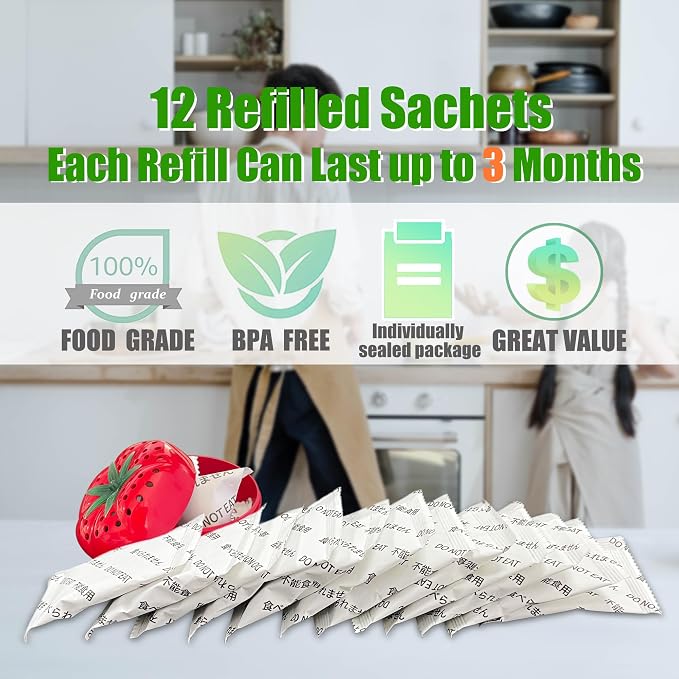 Produce Freshness Preserver Saver - Keep Fruits and Vegetables Fresh Longer, Ethylene Gas and Odor Absorber in Refrigerator (12 Refill Sachets)
