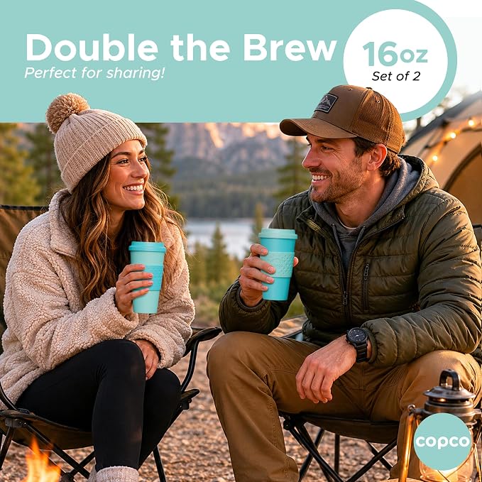 Copco Acadia 16oz Travel Mug with Lid, Set of 2 Double Wall Insulated Tumbler, Non-Slip Sleeve and BPA-Free - Microwave & Dishwasher Safe, Reusable Plastic To Go Travel Coffee Mug (Aqua/Mint)