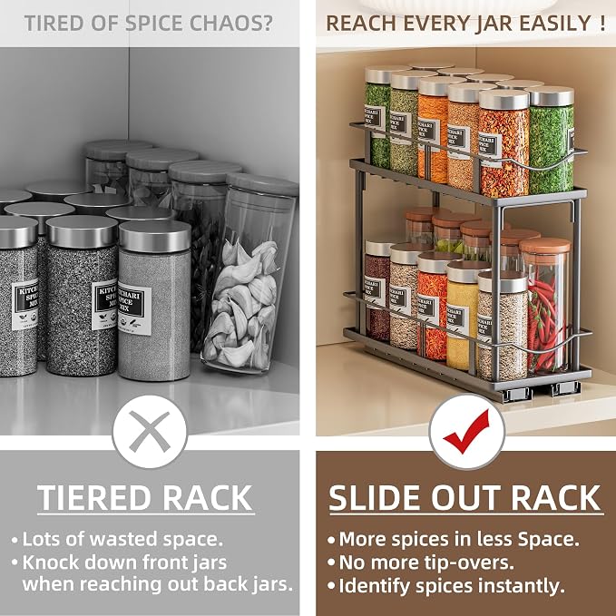 Bunoxea Pull Out Spice Rack 2 Pack,Slide Out Cabinet Spice Rack,Black | 2-Tier Rack, Full Extension Ball Bearing Glides, 10.7"Dx4.8"Wx8.85"H, Kitchen Pantry,Narrow Cabinet Spice Storage Organizer