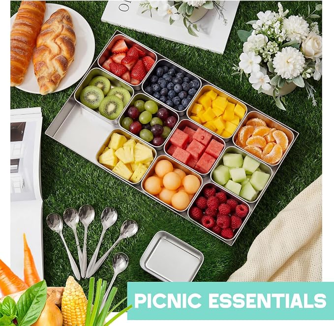 Boao 12 Compartment 304 Yakumi Pans Stainless Steel Seasoning Condiment Container with Lids Spoons, Japanese Yakumi Pans Mini Sauces Salad Dressings Storage for Food, Herbs, Spices