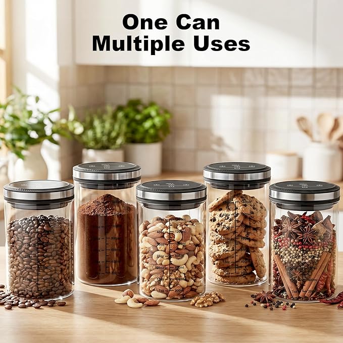 GVODE Vacuum Coffee Canister 1.6-Liter Capacity Coffee Storage Container, Ounce/Milliliter Scale Bar, High Borosilicate Glass, 4500 Hours Battery Life - Coffee Canister & Coffee Bean Storage