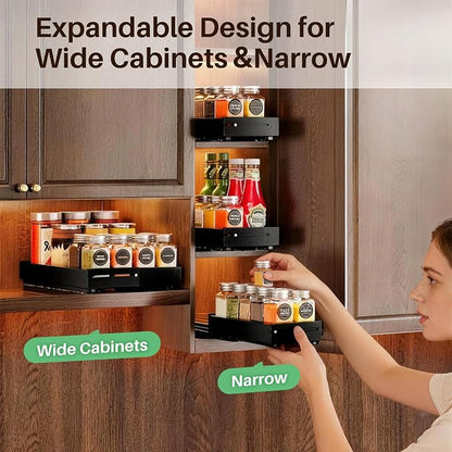 SNTD Pull Out Spice Rack for Upper Cabinet - Expandable Organizer with Smooth Ball Bearing Slides, No Drill Mounting Spice Storage for Kitchen (2 Pack, 4.1" to 7.2" W X 10" D X 2.2" H)