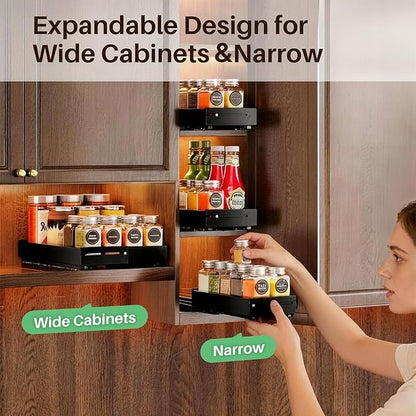SNTD Pull Out Spice Rack for Upper Cabinet - Expandable Organizer with Smooth Ball Bearing Slides, No Drill Mounting Spice Storage for Kitchen (1 Pack, 4.1" to 7.2" W X 10" D X 2.2" H)