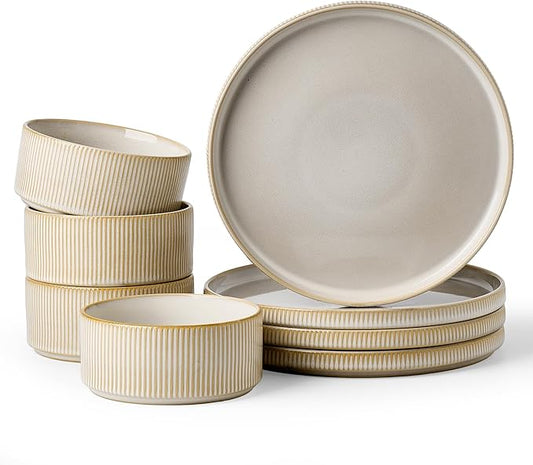 Famiware Star 8-Piece Stoneware Dinnerware Set for 4 – 10.5" Flat Dinner Plates & 23 oz Deep Cereal Bowls, Everyday & Formal Use, Chip & Scratch Resistant, Microwave/Dishwasher Safe, Cappuccino White