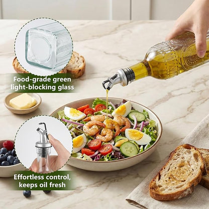 WERTIOO Olive Oil Dispenser Bottle for Kitchen,17oz Clear Glass Cooking Olive Oil and Vinegar Dispenser with Funnel, Delicately Engraved Glass Bottles for Kitchen