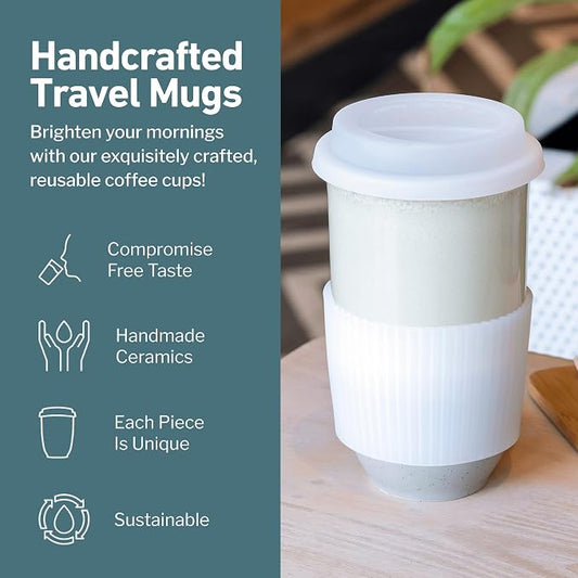 NOVA CERAMICS Travel Mug - Ceramic Coffee Mug With Lid – Microwave & Dishwasher Safe Coffee White & Grey Tumbler - Gifts For Women Men Him Her – 16oz – Mist