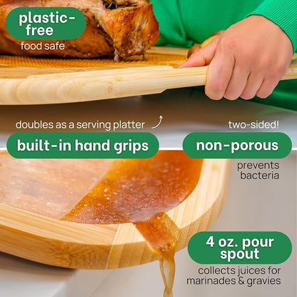 GREENER CHEF 18 Inch Extra Large Organic Turkey Carving Board with Lifetime Replacements - XL Wooden Butcher Block Meat Cutting Board with Pour Spout - Thanksgiving Cooking Essentials
