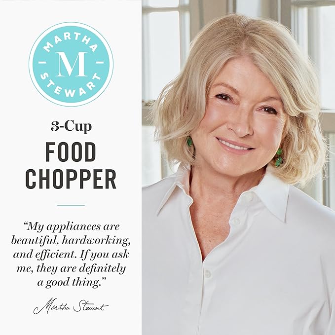 Martha Stewart 3 Cup Electric Food Chopper, Vegetable & Herb Mini Food Processor, 24oz BPA-Free Bowl, Stainless Steel Blades, Pour Spout, Dicing, Mincing, Chop & Puree, Dishwasher Safe, Indigo Blue