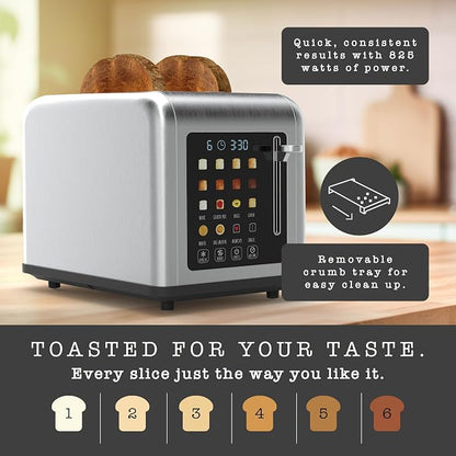 Rae Dunn 2 Slice Smart Toaster, Digital Display, Wide Slots, 8 Browning Levels, 6 Bread Types, 4 Functions (Defrost, Reheat, Cancel, Add Time), 825W Digital Stainless Steel