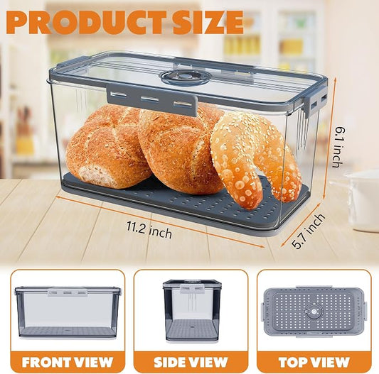 Honbuty 2PCS Bread Boxes,Bread Box for Kitchen Counter Airtight,Time Recording Bread Storage Container with Lid, Bread Keeper for Homemade Bread, Toast, Bagel, Donut and Cookies (Grey)