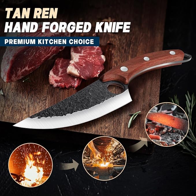 TAN REN 3PCS Butcher Knife Set for Meat Cutting, Hand Forged Meat Cleaver Knives with Wood Handle, Grilling Knife Set for Men