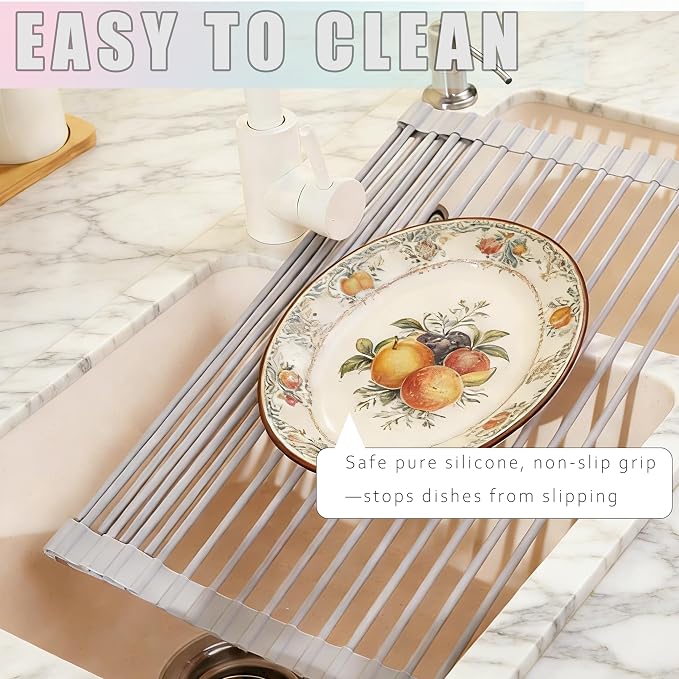 Roll up Dish Drying Rack Silicone Wrapped Stainless Steel 17in x 13in, Grey
