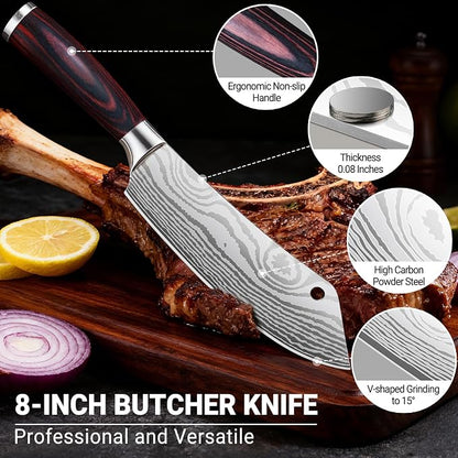 8-Inch Meat Cleaver Butcher Knife - High-Carbon Stainless Steel Professional Cleaver Chefs Knife Cutting Knives with Ergonomic Wood Handle & Gift Box for Cooking