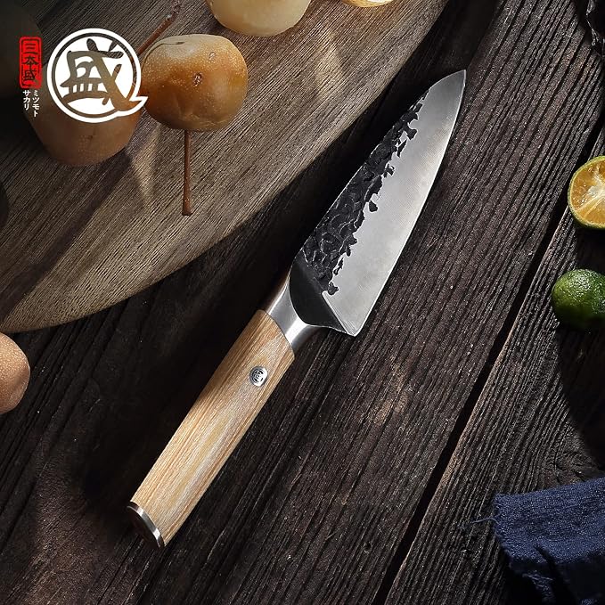 MITSUMOTO SAKARI 7-Inch Japanese Santoku Knife, SKD-11 Steel | Wide 2mm Santoku blade for slicing, dicing and mincing, 3-layer SKD-11 steel, pakkawood handle