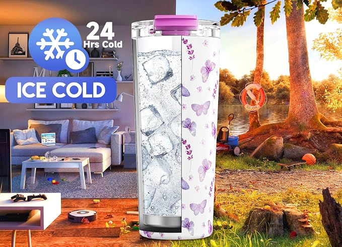Meoky 24 oz Travel Coffee Mug with Leak-proof Lid, Stainless Steel Insulated Coffee Tumbler, Keeps Hot for 8 Hours or Cold for 24 Hours, Fits in Car Cup Holder (Lavender Butterfly)
