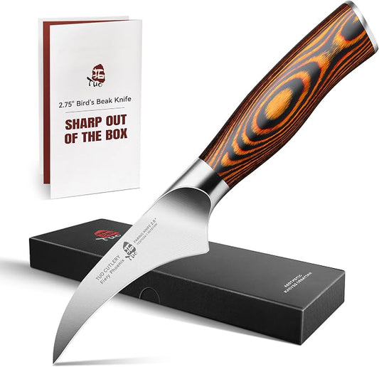 TUO Bird Beak Paring Knife, 2.5 inch Handy Peeling Knife, Curved Small Blade for Fruit & Vegetable, German Stainless Steel, Ergonomic Pakkawood Handle - Fiery Series