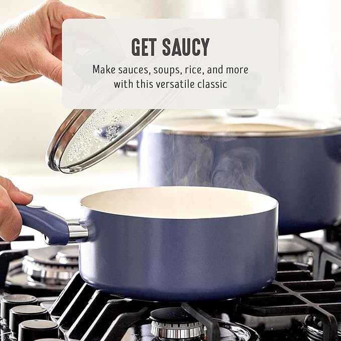 GreenLife 2 Quart Nonstick Saucepan with Lid, Non-Toxic Ceramic Pot, Dishwasher Safe, Stay-Cool Handle, Induction Ready, Fast Heating, PFAS Free, Easy Clean, Slate Blue