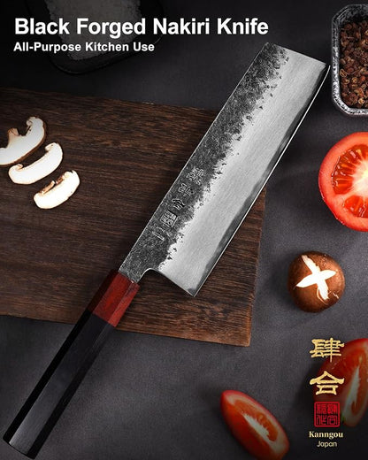 kanngou 7 inch Nakiri Knife Japanese Chef Knife, AUS-8 Alloy Steel Vegetable Japanese Cleaver with Red Sandalwood and Eboy Wood Handle, Chopping Knife with Premium Gift Box (WA Series)