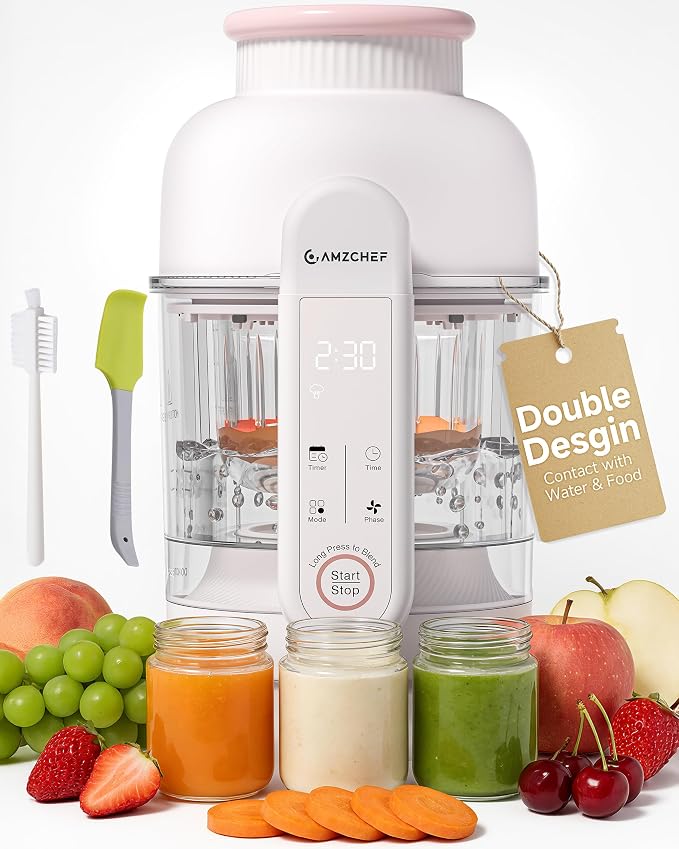 AMZCHEF Baby Food Maker with Auto Steam & Blend, 9-in-1 Baby Puree Maker with Food-grade glass, BPA-Free & Easy Cleaning, Touch Screen, Dishwasher Safe, Off-white