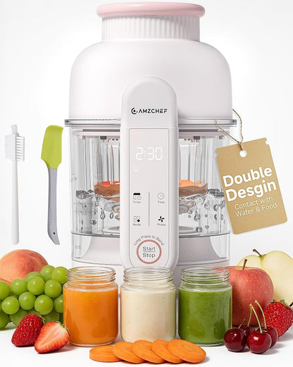 AMZCHEF Baby Food Maker with Auto Steam & Blend, 9-in-1 Baby Puree Maker with Food-grade glass, BPA-Free & Easy Cleaning, Touch Screen, Dishwasher Safe, Off-white
