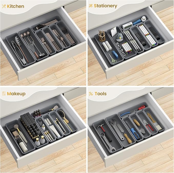 7 Pack Silicone Silverware Drawer Organizer, DIY Free Combination Kitchen Drawer Organizer, Utensil Organizer, Moisture-proof and Heat-resistant up to 200°C, Anti-slip Design (Grey)