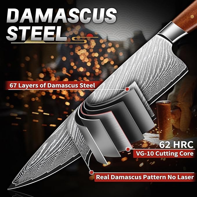TIJERAS Damascus Chef Knife, Japanese Kitchen Knives 9 inch with Damascus 67-Layer Steel, Sharp Professional Cooking Knives with Wood Handle, Birthday Gifts for Men Women