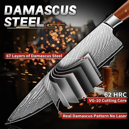 TIJERAS Damascus Chef Knife, Japanese Kitchen Knives 9 inch with Damascus 67-Layer Steel, Sharp Professional Cooking Knives with Wood Handle, Birthday Gifts for Men Women