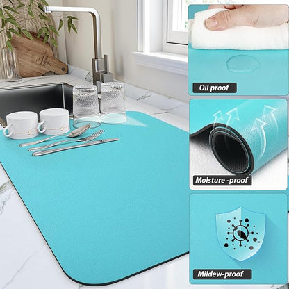 HotLive Dish Drying Mat for Kitchen Counter, Heat Resistant Drainer Mats with Non-slip Rubber Backed, Hide Stain Kitchen Super Absorbent Draining Mat, Easy to Clean Dish Rack Pad, Teal 18"x32"