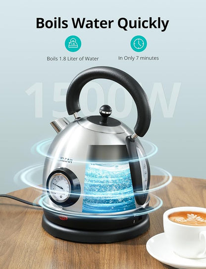 Retro Electric Water Kettle 1.8L Stainless Steel for Boiling Water with Temperature Gauge, Visible Water Level Line, Led Light, Auto Shut-Off & Boil-Dry Protection, 1500W Fast Heating