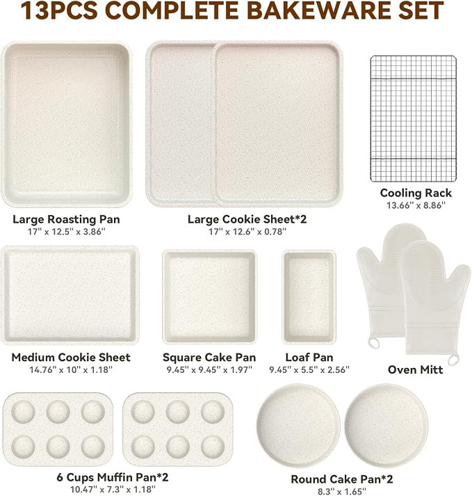 Wildone 13-Piece Baking Pans Set Nonstick - Stackable Bakeware Sets Including Cookie Sheets for Baking, Rack, Muffin Pan, Cake pan, Loaf Pan, Roasting Pan, Heavy Duty & Easy Clean, White