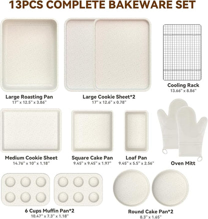 Wildone 13-Piece Baking Pans Set Nonstick - Stackable Bakeware Sets Including Cookie Sheets for Baking, Rack, Muffin Pan, Cake pan, Loaf Pan, Roasting Pan, Heavy Duty & Easy Clean, White