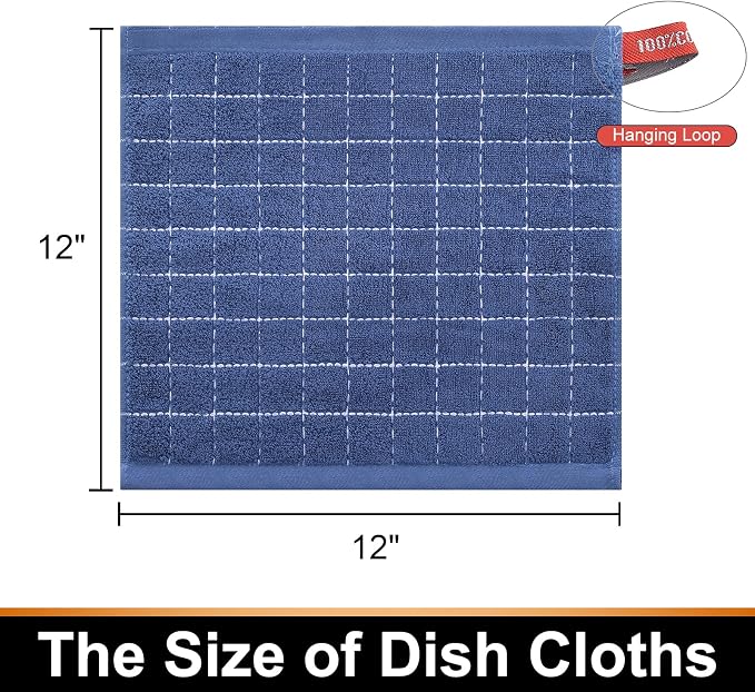 Mordimy 100% Cotton Terry Cloth Dish Cloths, Soft and Absorbent Checkered Dish Towels, Quick Drying Dish Rags for Washing Dishes, 8 Pack, 12 x 12 Inches, Navy Blue
