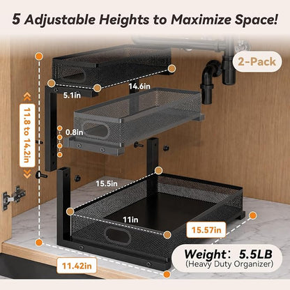 3-Tier Under Sink Organizer 2-Pack, Thickened Metal Pull out Cabinet Shelf, Height Adjustable Slide Out Drawer Storage Rack for Bathroom Kitchen Pantry Laundry Home Office Organization (Black)
